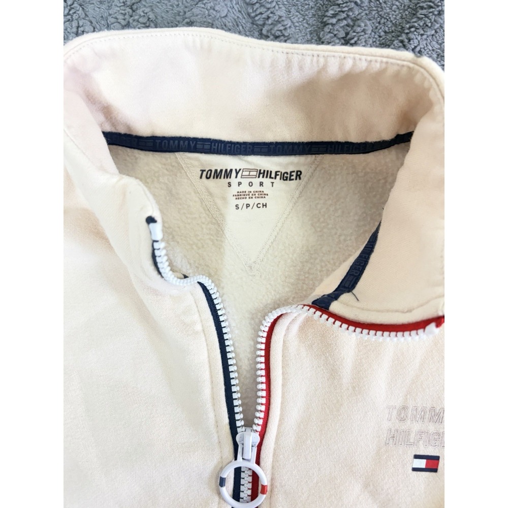 Tommy Hilfiger Sport Beige Cotton Knit Half Zip Mock Neck Sweatshirt Small - Picture 3 of 7